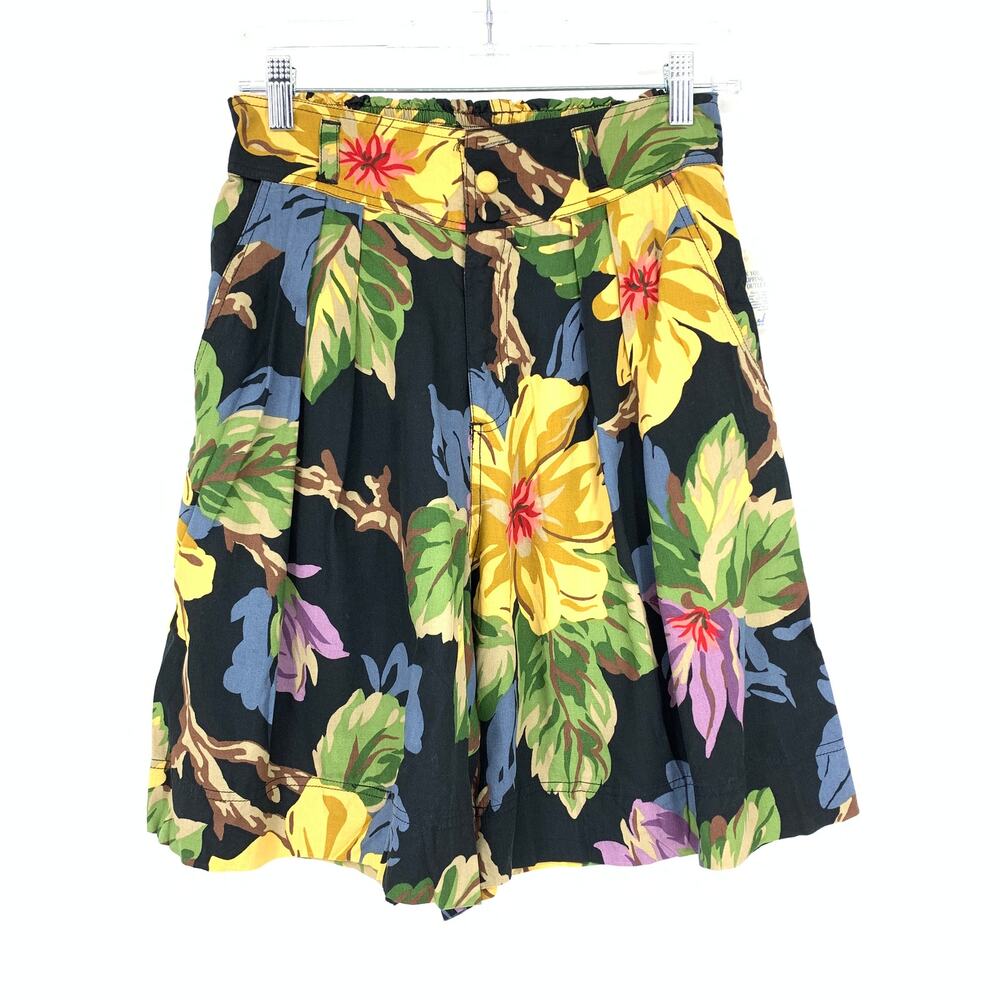 VTG 90s Lizwear Long Pleated Front Shorts Womens Sz 27 Black Multicolor Floral